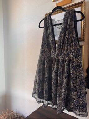 Lulu's Navy Dress with Metallic Gold Floral Lace